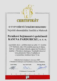 Certifikát o vytvoření rekordu v Setkání Jeníčků a Mařenek 2007